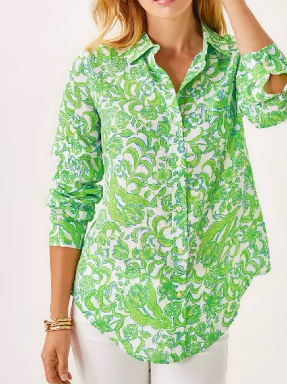 Lilly Pulitzer Linen Lynd Tunic Resort White Lil Daffodil Hill Tunic 💚🤍🩵